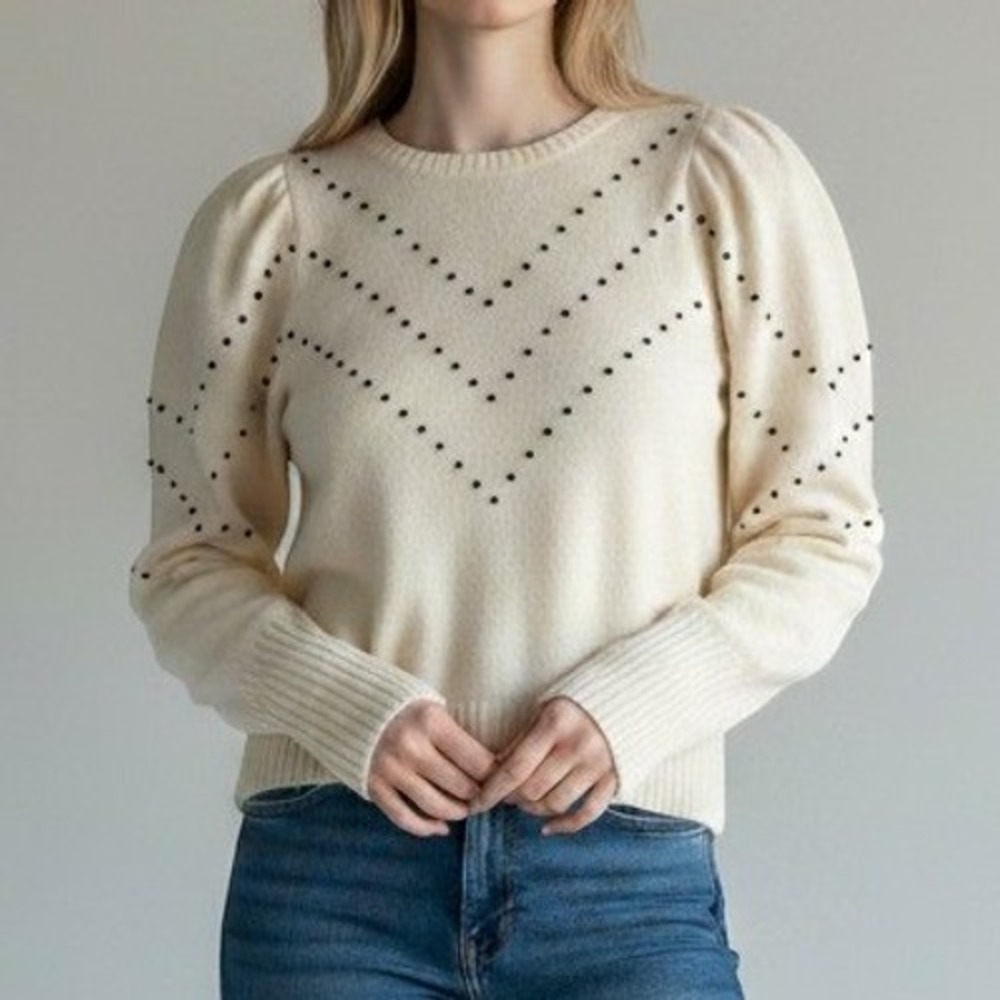 Express Womens Ivory Beaded Sweater Chevron Puff Sleeve XS Cream Soft Knit